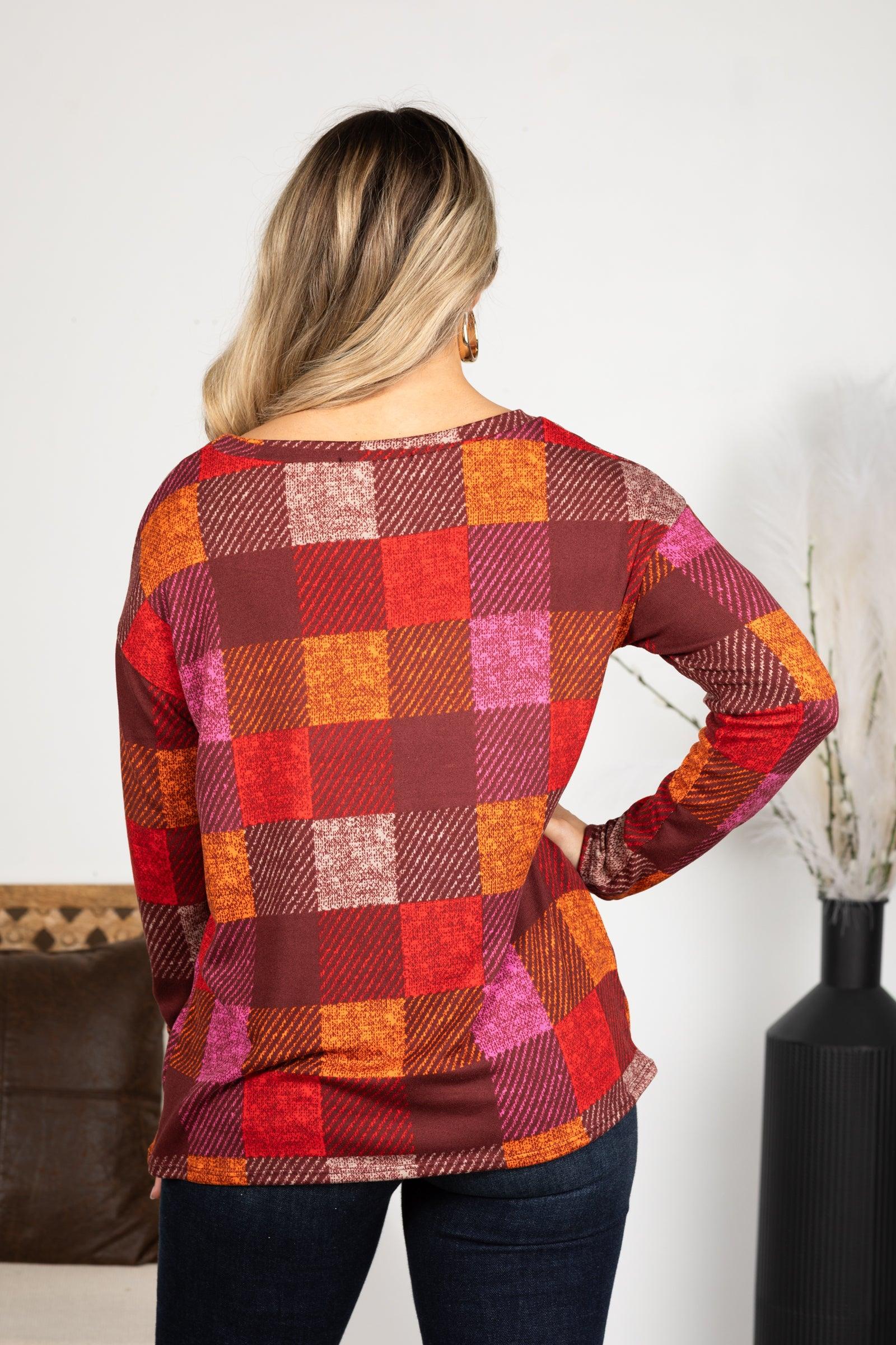 Burgundy Checker Plaid Soft Hacci Knit Top Product Image