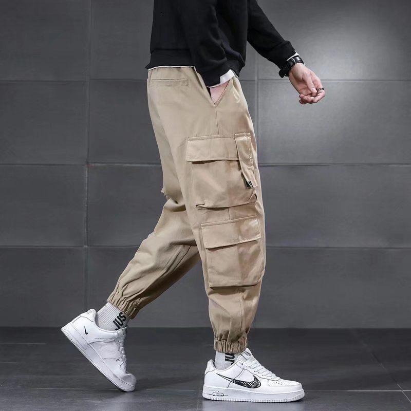 Drawstring Waist Plain Cargo Harem Pants Product Image