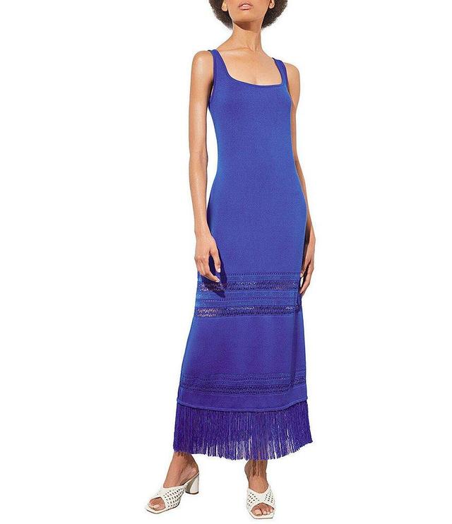 Ming Wang Knit Square Neck Sleeveless Crochet Detail Fringe Trim Sheath Maxi Dress Product Image