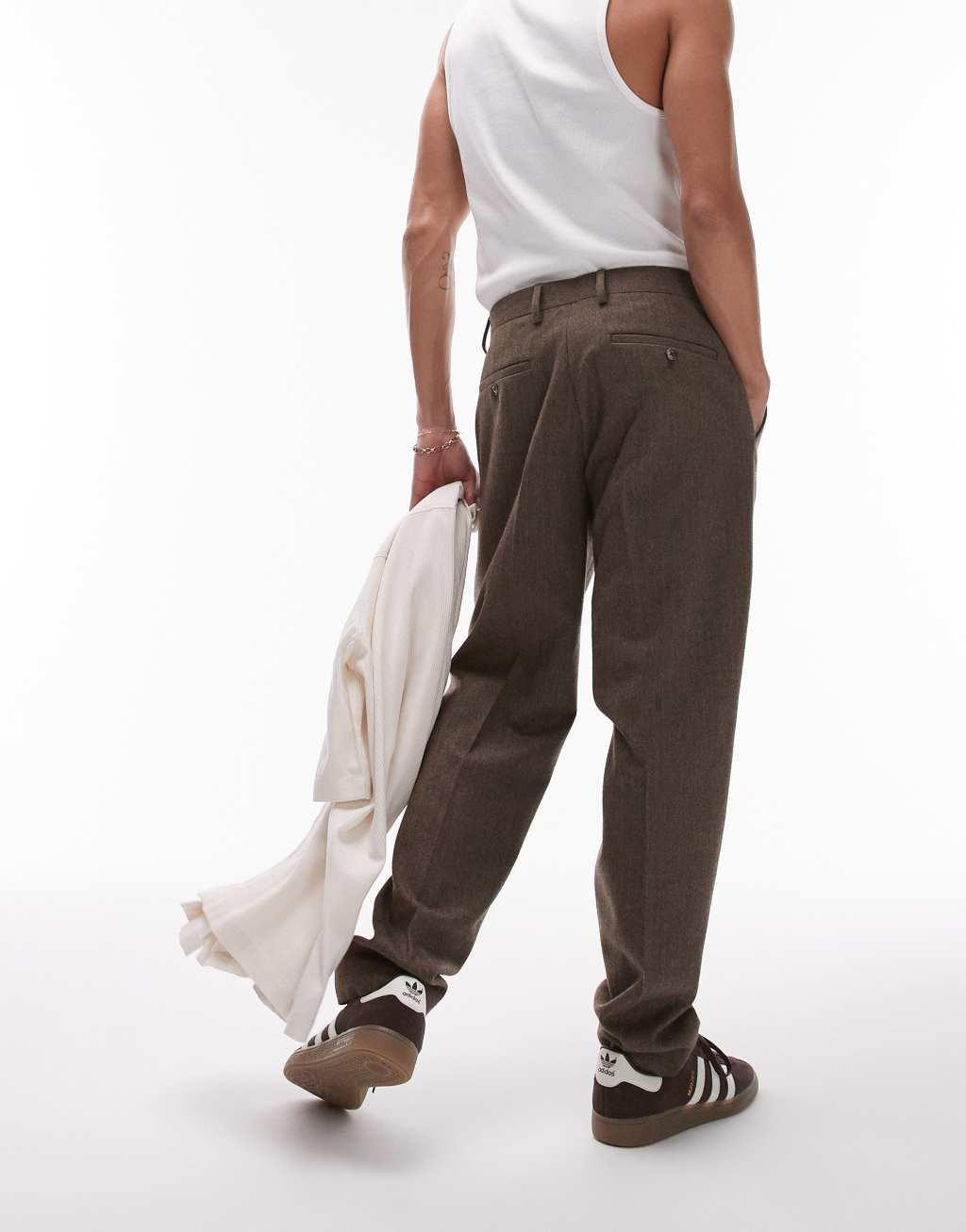 Topman brown herringbone taper pants in brown Product Image