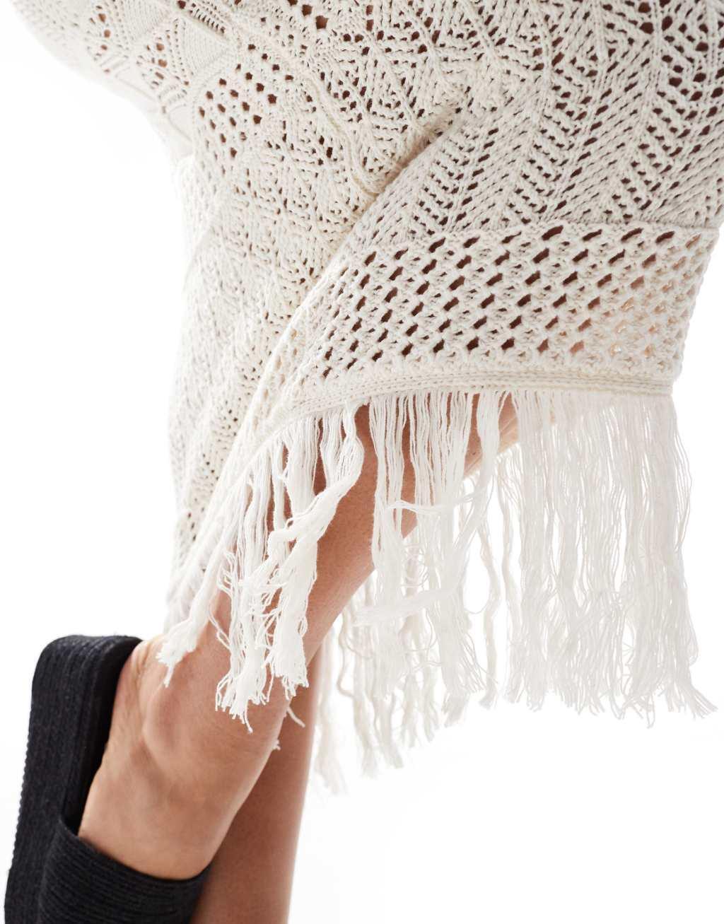 Miss Selfridge beach crochet fringe detail maxi skirt in cream Product Image