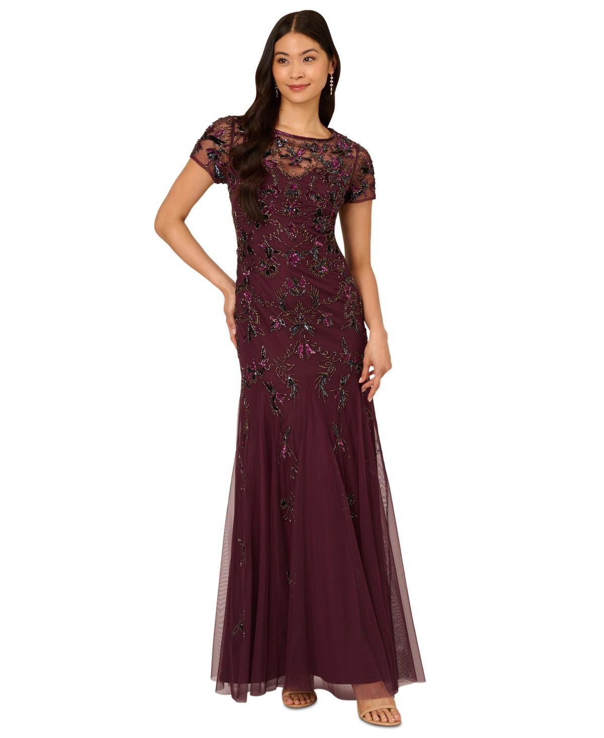 Adrianna Papell Womens Floral Beaded Mermaid Gown Product Image