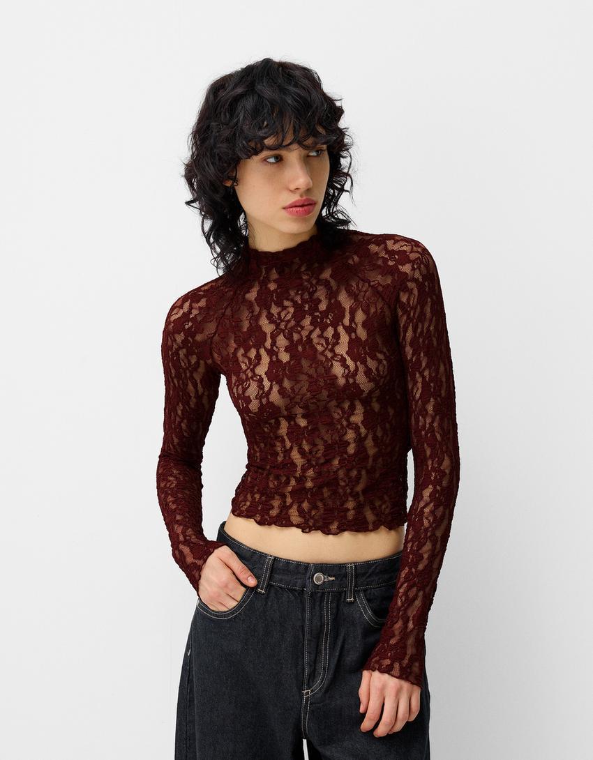 Blonde lace high neck long sleeve T-shirt Product Image