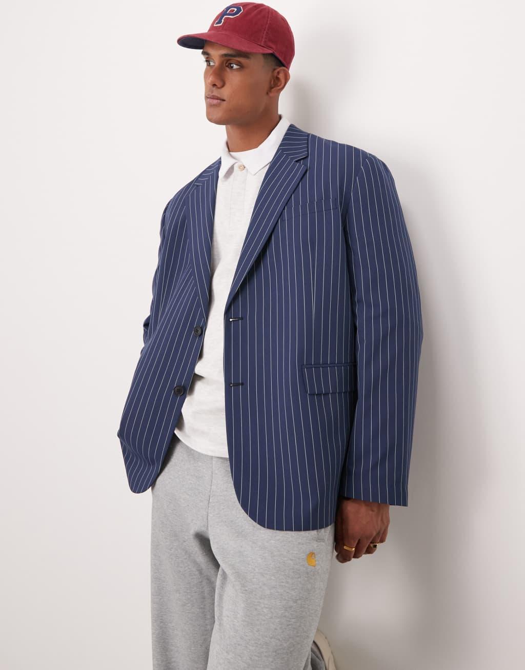 ASOS DESIGN slouchy oversized blazer in navy pinstripe Product Image