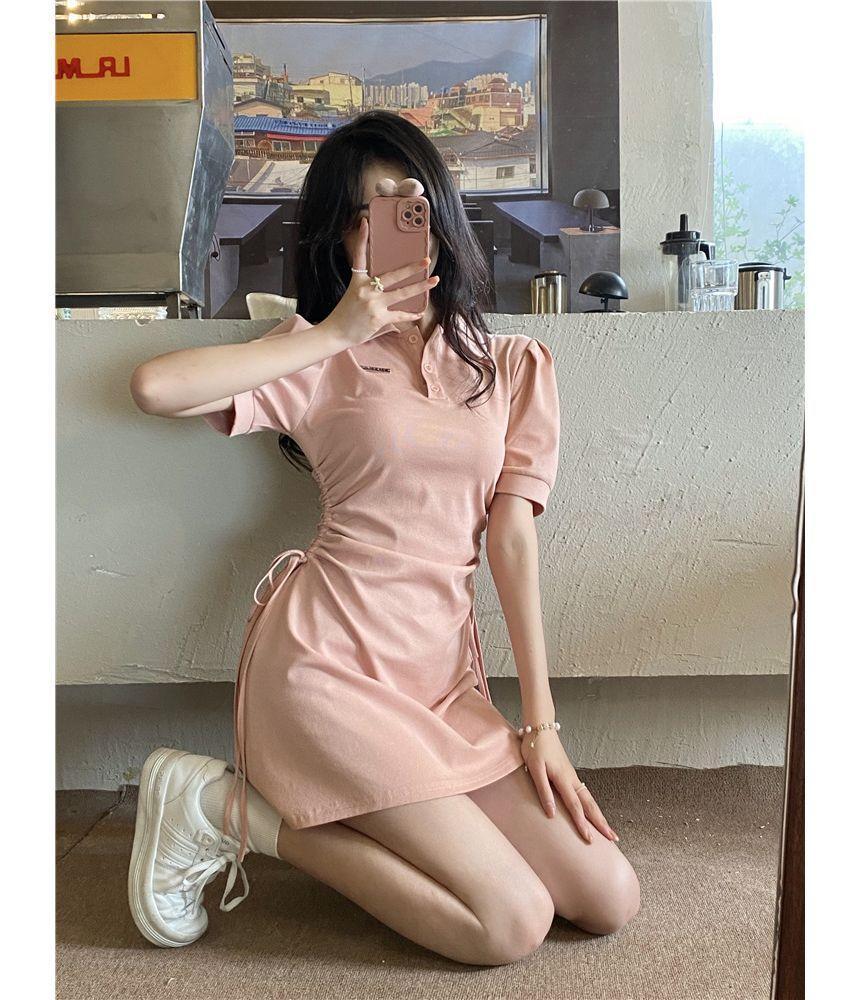 Short-Sleeve Collar Drawstring Mini A-Line Dress Product Image