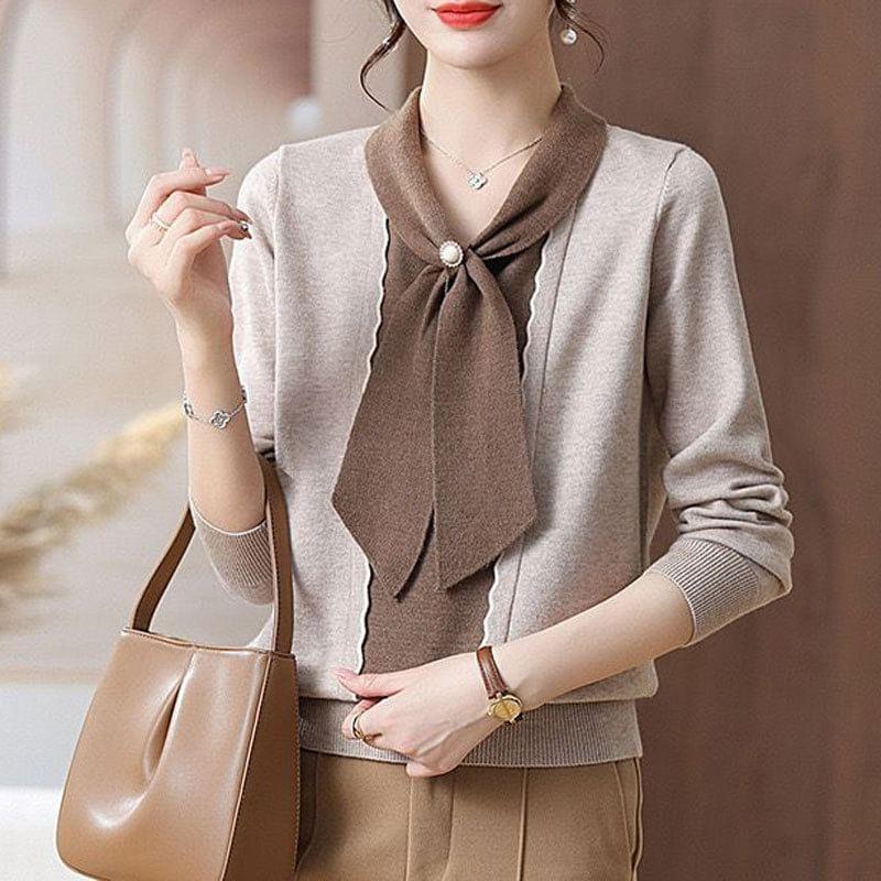 Long-Sleeve Tie Neck Two Tone Knit Top Product Image