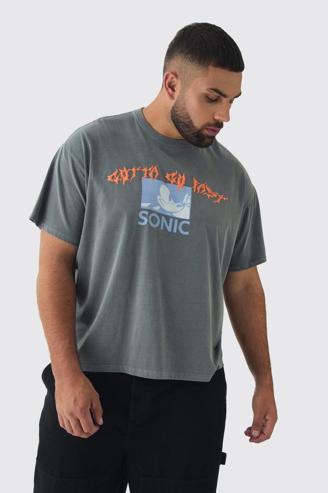 Plus Sonic Licence Washed T-shirt in Grey | boohooMAN USA Product Image