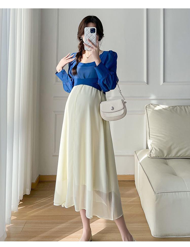 Maternity Mock Two-Piece Puff-Sleeve Two-Tone Midi A-Line Dress Product Image