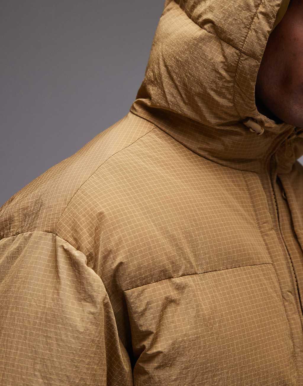 Topman textured hooded puffer jacket in mustard Product Image