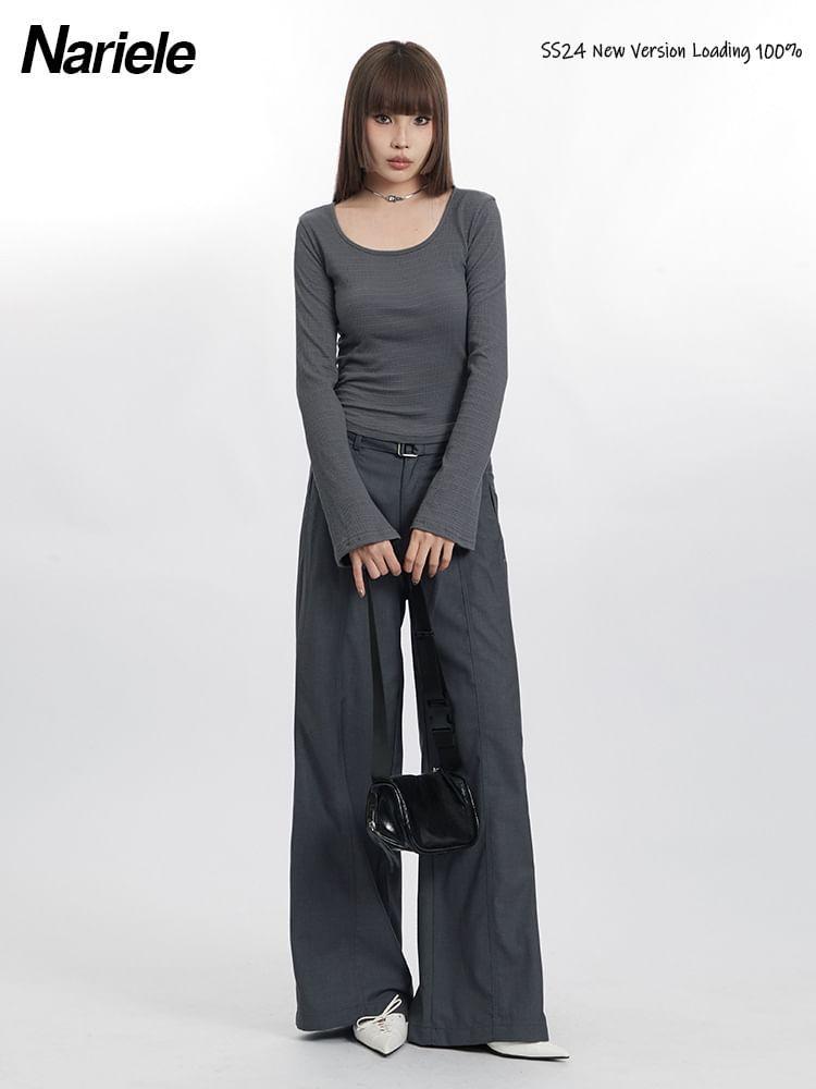 Bell Sleeve Plain Ruched Slim-Fit Top Product Image