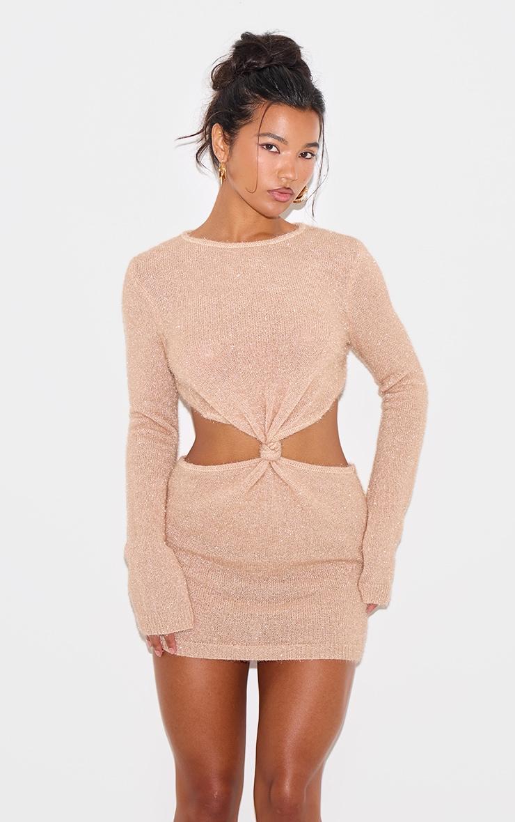 Champagne Tinsel Knit Twist Front Open Back Mini Dress Product Image