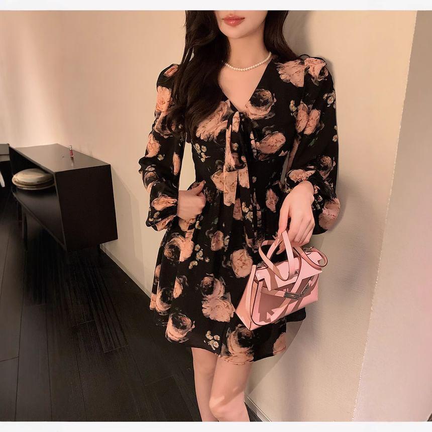 Long Sleeve V-Neck Floral Mini A-Line Dress Product Image