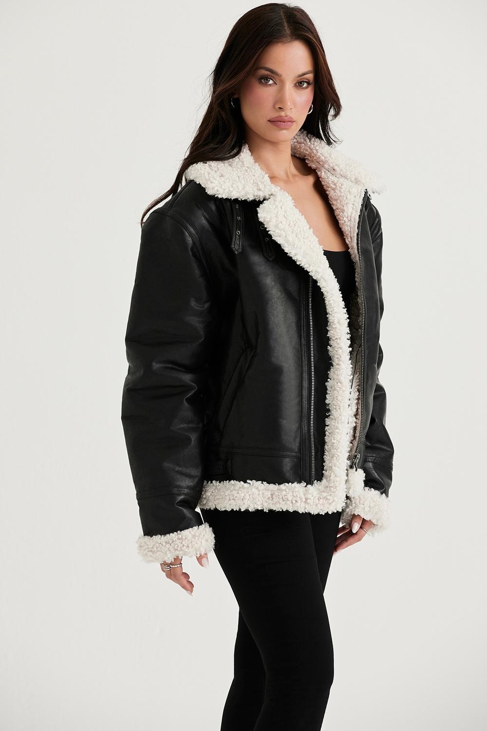 Madden Black Vegan Shearling Aviator Jacket Product Image