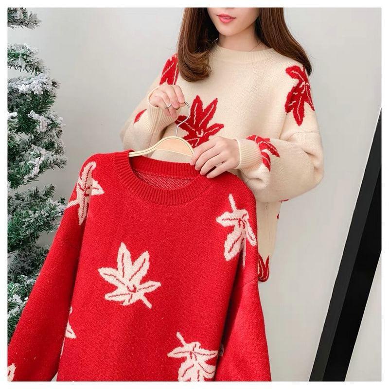 Long-Sleeve Round Neck Leaf Print Sweater Product Image