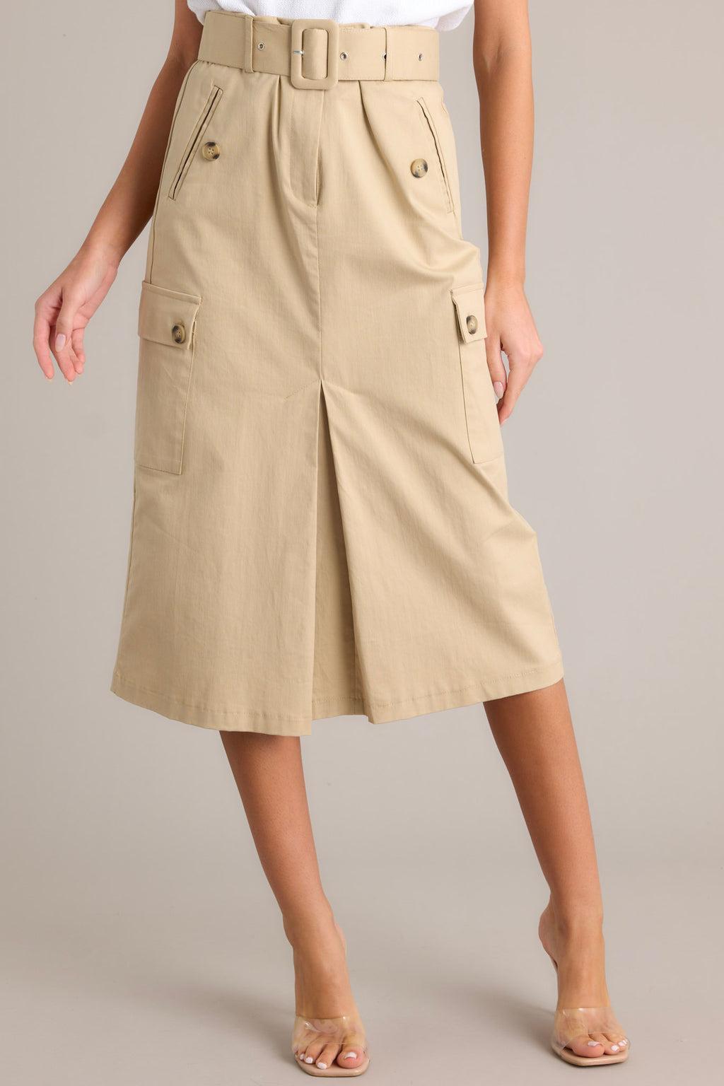 Living In The Now Beige Belted Cargo Midi Skirt Product Image