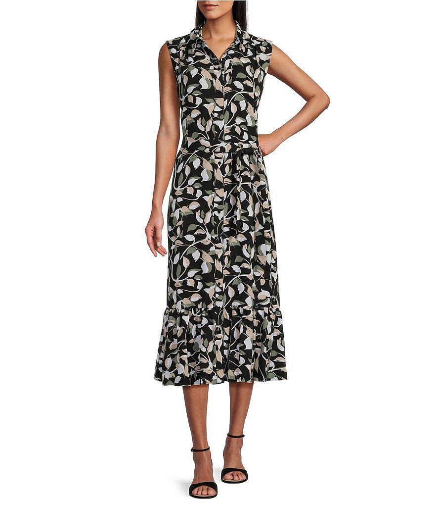 Investments Floral Print Point Collar Sleeveless Button Front Midi Dress Product Image