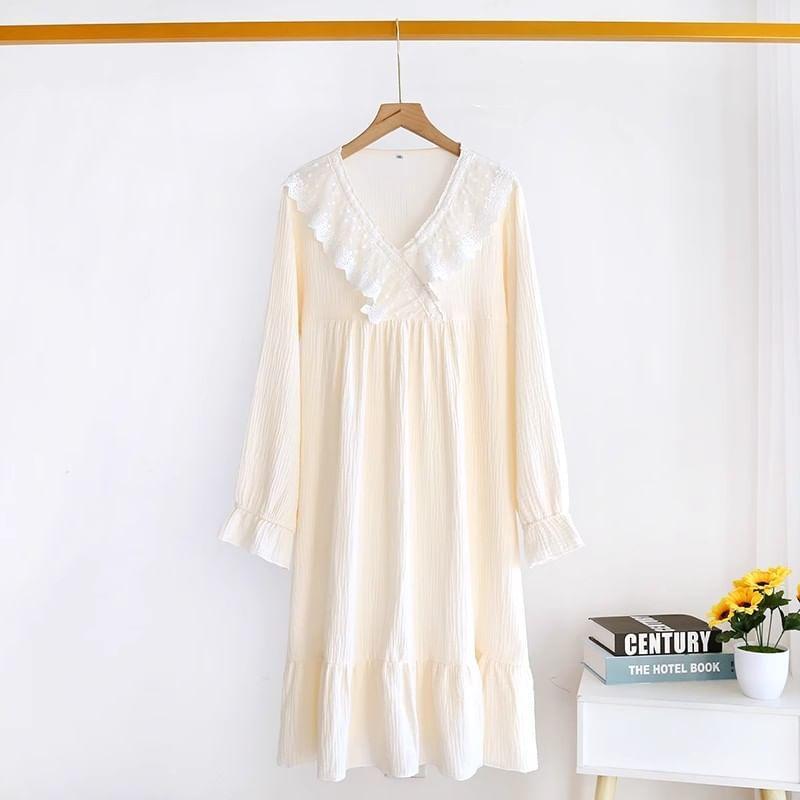 Long-Sleeve V-Neck Lace Trim Pajama Dress Product Image