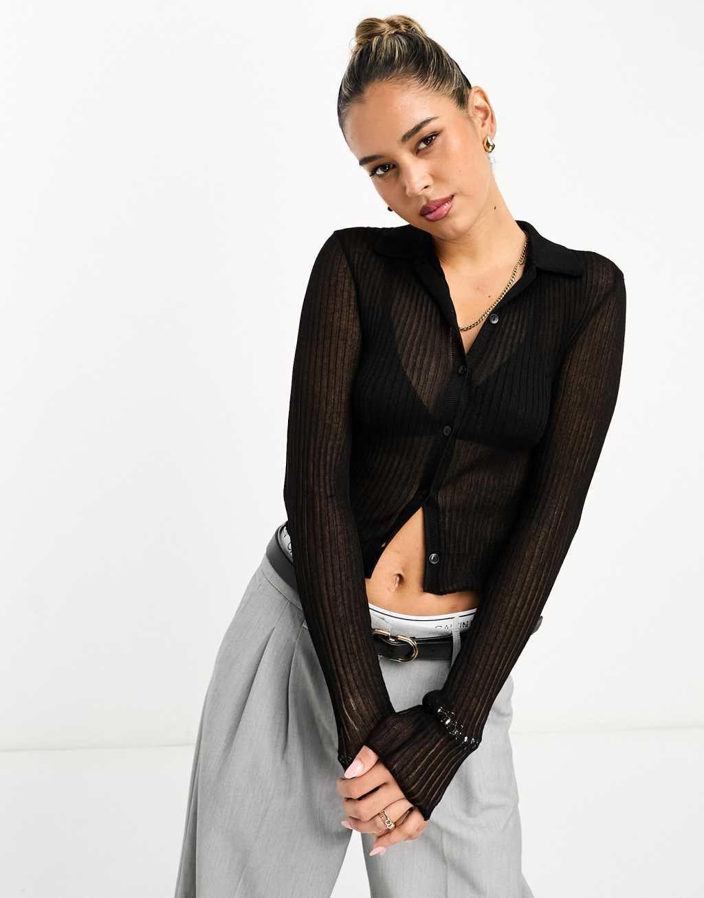 ASOS DESIGN sheer button up knit top with collar in black Product Image