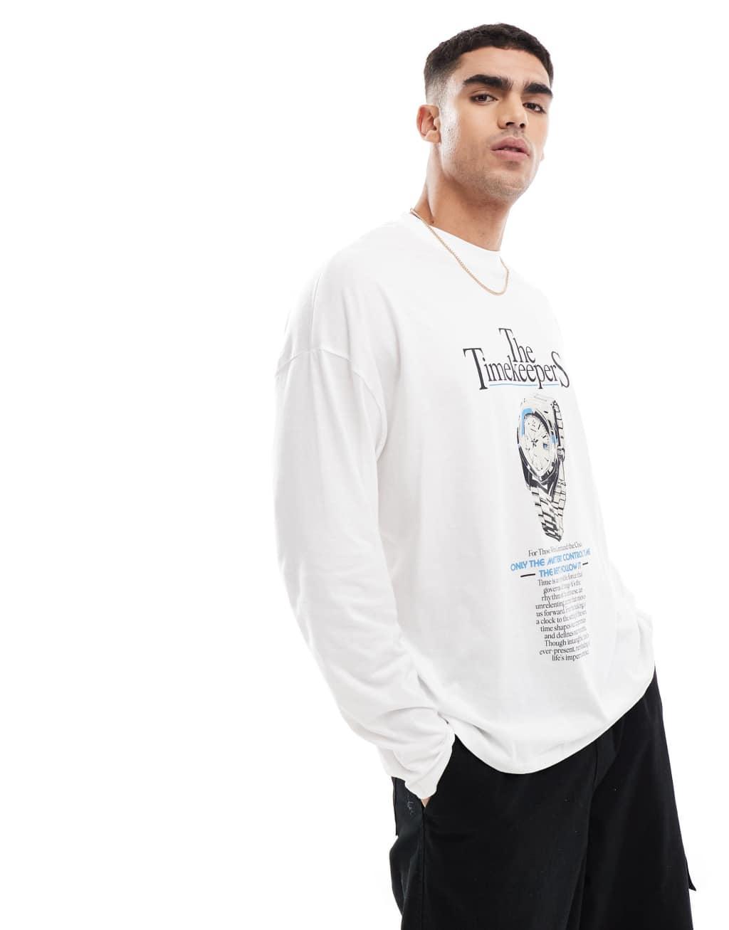 ASOS DESIGN oversized long sleeve T-shirt with watch graphic in white Product Image