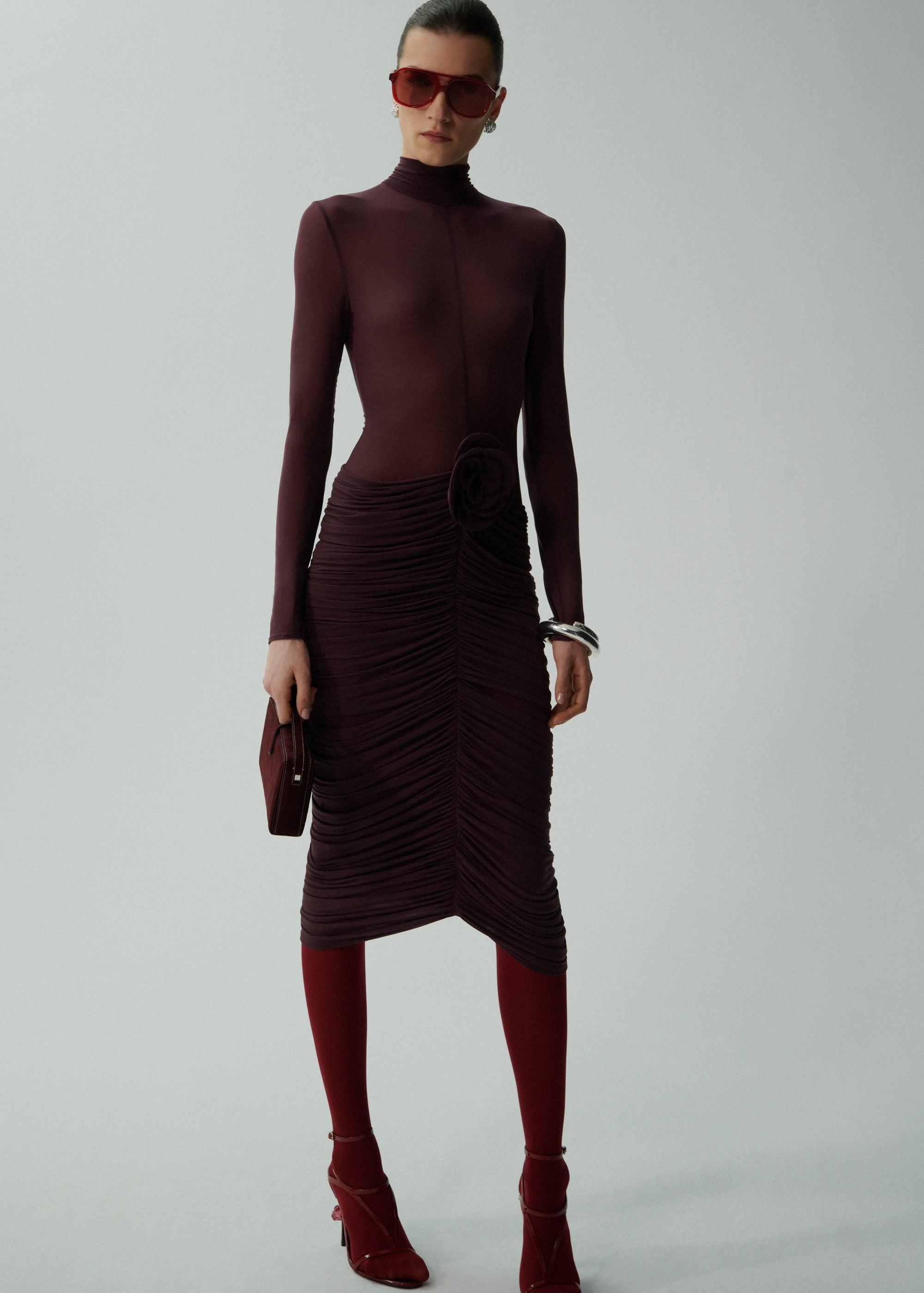 Sheer high neck midi dress in burgundy Product Image