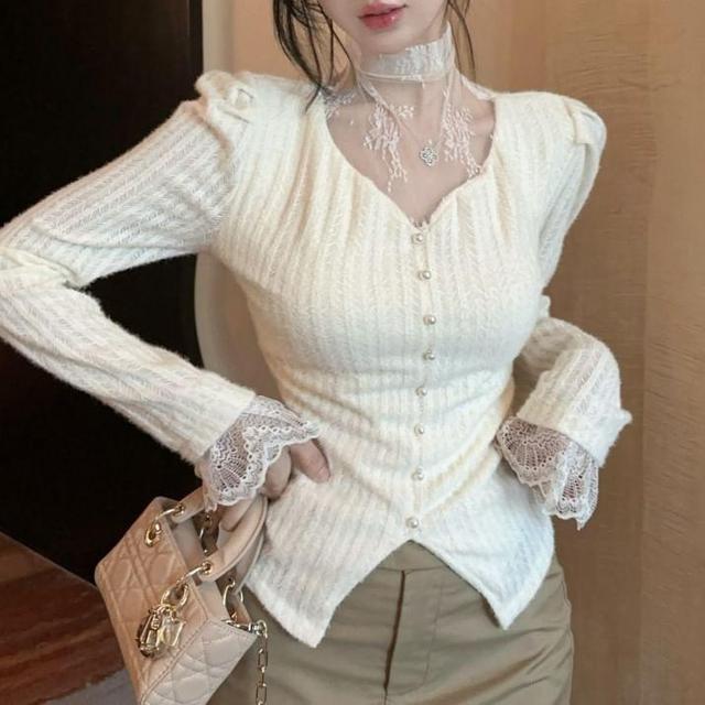 Long-Sleeve Mock Neck Lace Panel Button Ribbed Top Product Image