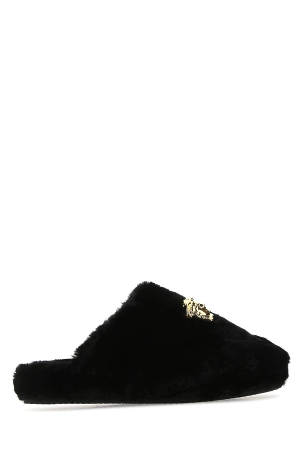 Medusa Plaque Fur Slippers In Black Product Image