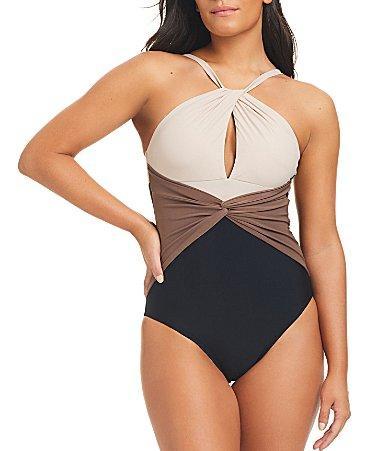 Beyond Control Solid Essentials Halter Twisted Keyhole Neck One Piece Swimsuit Product Image