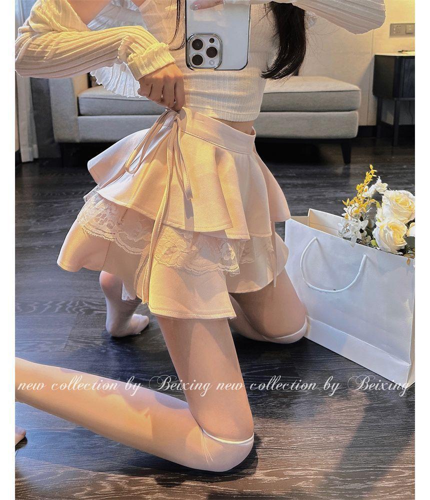 Balletcore High Rise Plain Tiered Tie Side Panel Lace Mini A-Line Skirt Product Image