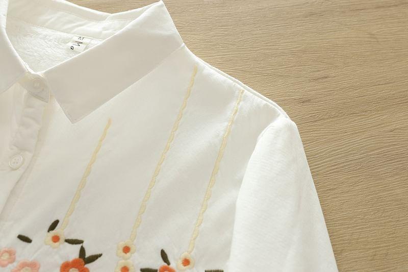 Long Sleeve Collared Floral Embroidered Shirt Product Image