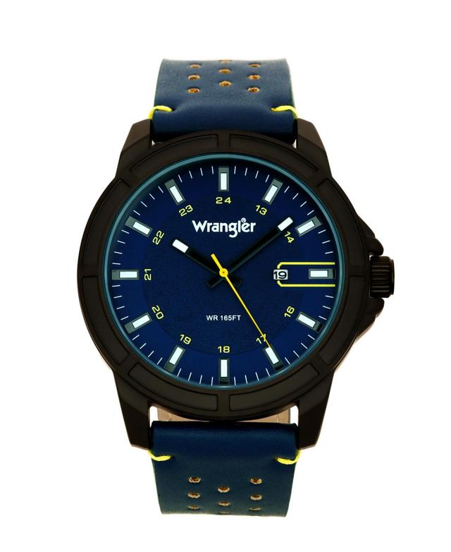 Wrangler Mens, 48MM Ip Black Case, Blue Dial, White Index Markers, Sand Satin Dial, Analog, Date Function, Yellow Second Hand, Blue Strap with Yellow Product Image