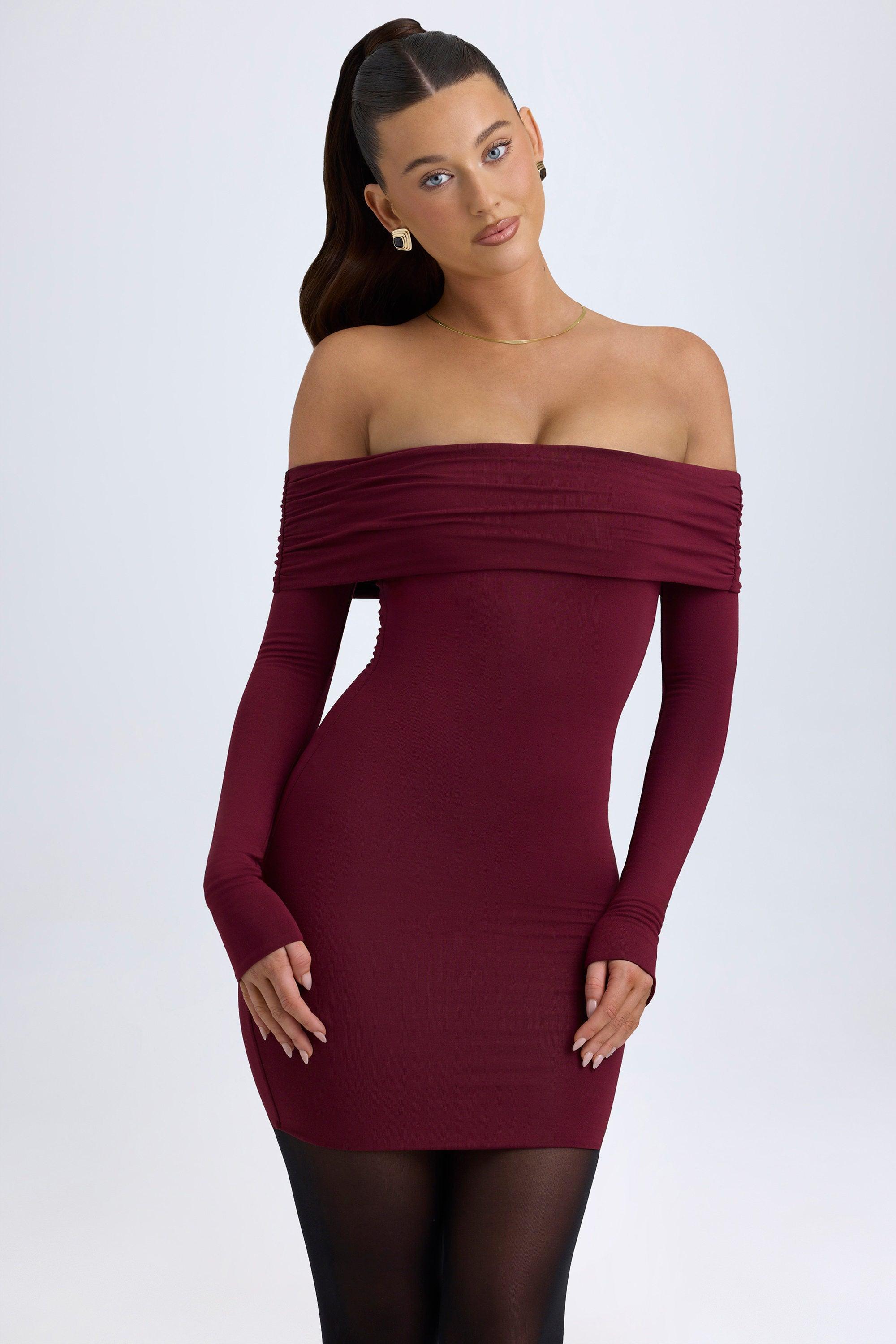 Modal Off-Shoulder Mini Dress in Wine Red Product Image