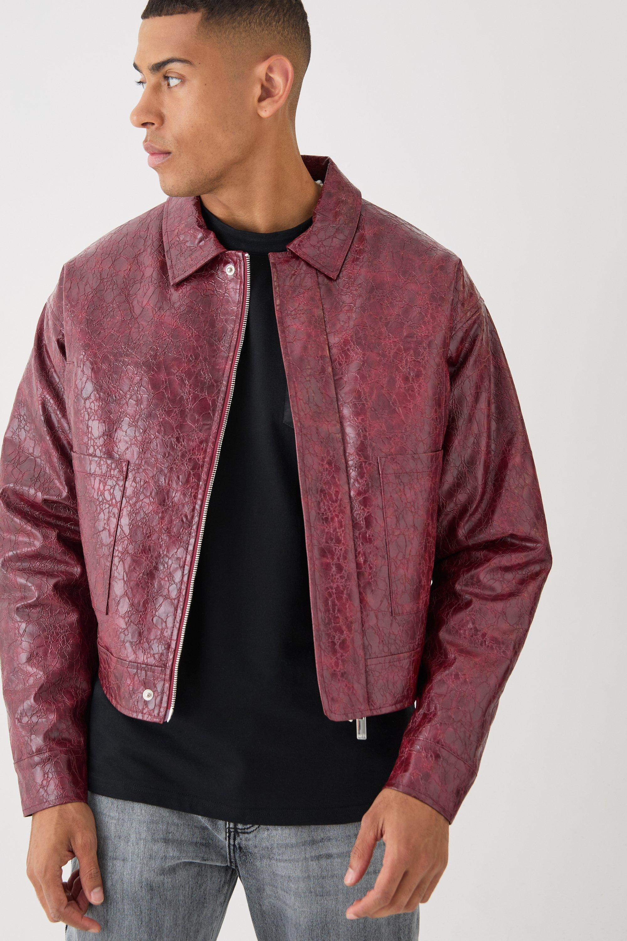 Mens Boxy Textured Pu Harrington Jacket In Red, Red Product Image