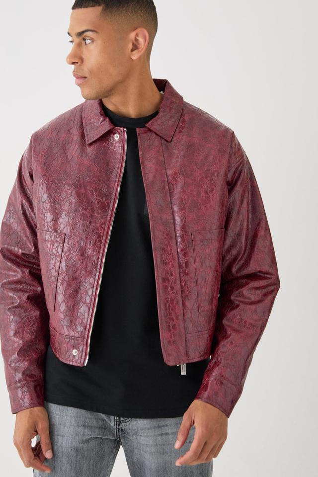 Boxy Textured Pu Harrington Jacket In Red | boohooMAN USA Product Image