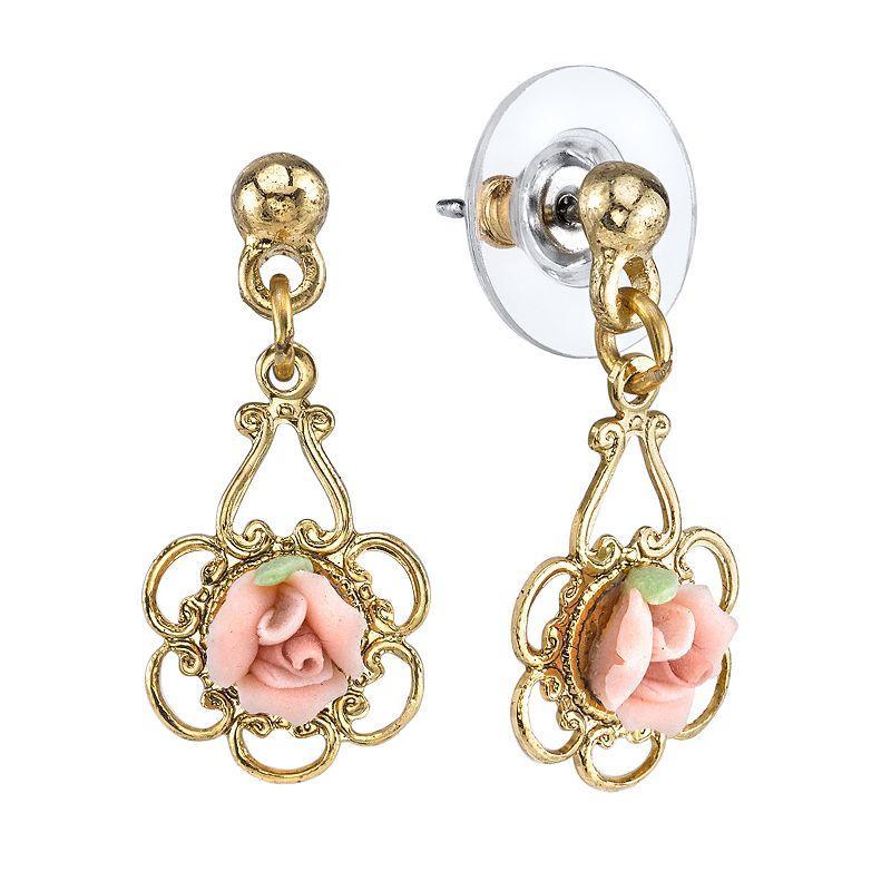 1928 Porcelain Rose Drop Earrings, Womens, Pink Product Image