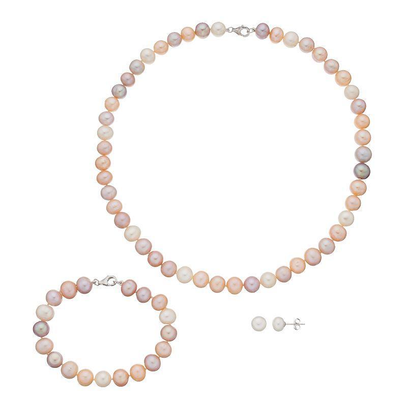 Sterling Silver Freshwater Cultured Pearl Necklace, Bracelet & Stud Earring Set, Womens Multicolor Product Image