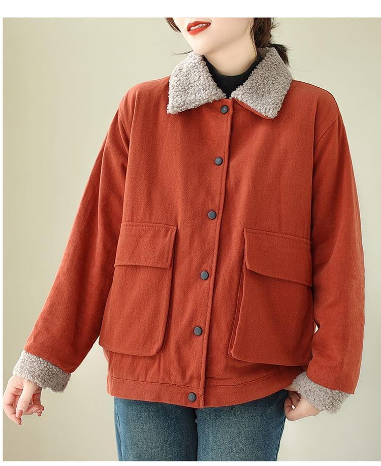 Collar Two Tone Fleece-Lined Button Jacket Product Image