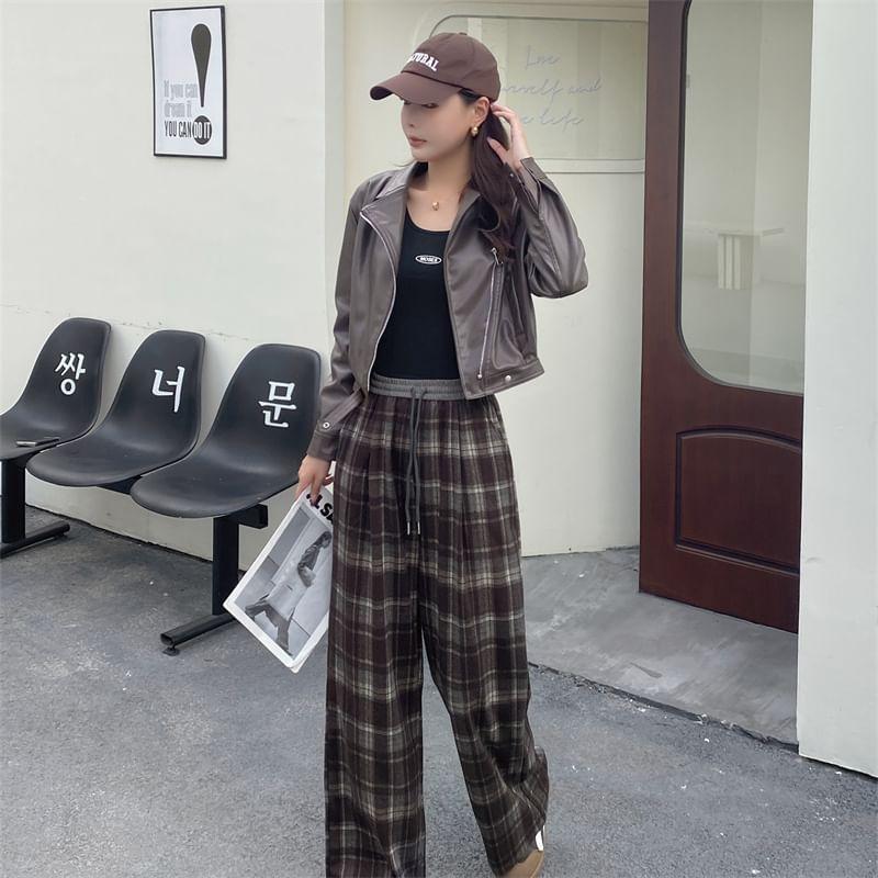 Drawstring Waist Plaid Wide Leg Pants Product Image