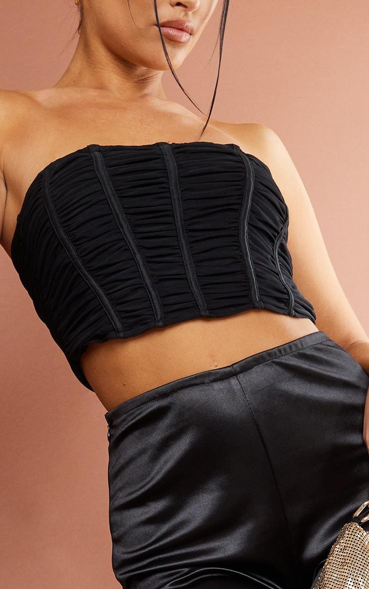 Black Mesh Ruched Panel Bandeau Crop Top Product Image