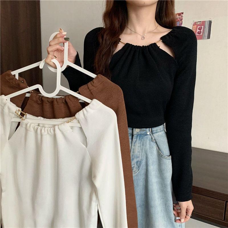 Long Sleeve Scoop Neck Plain Cut Out Knit Top Product Image