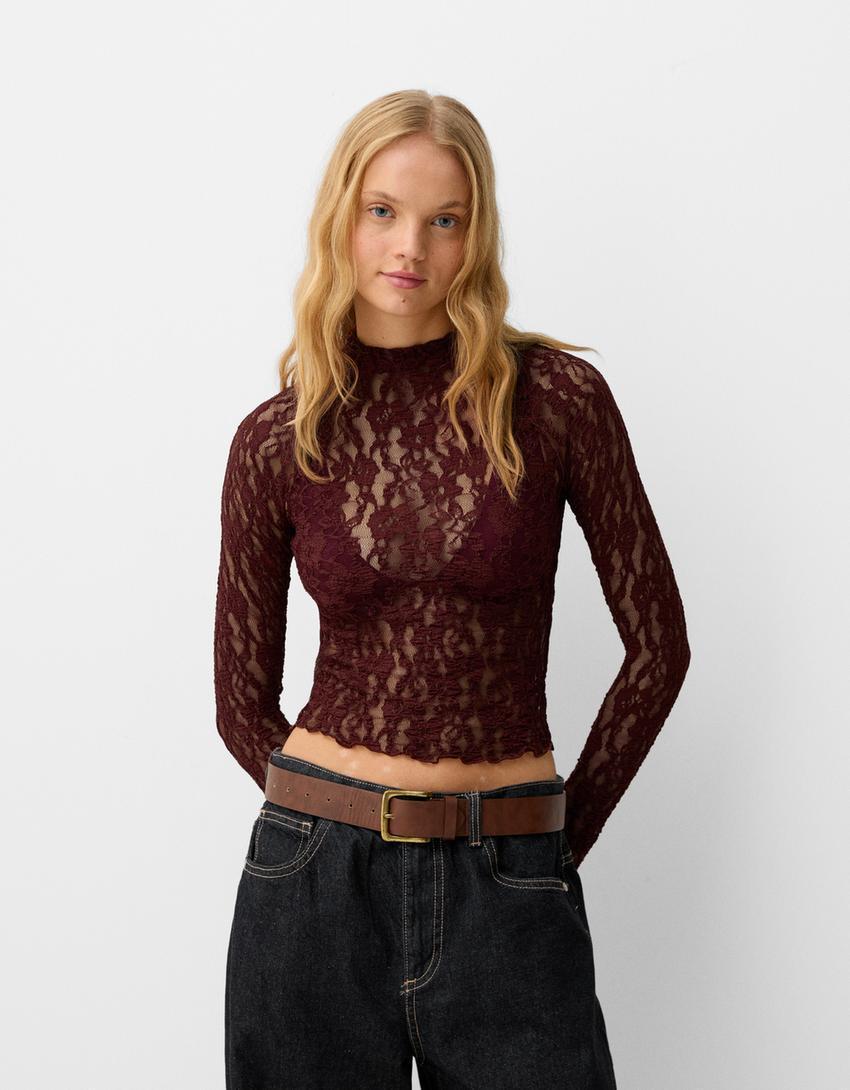 Blonde lace high neck long sleeve T-shirt Product Image