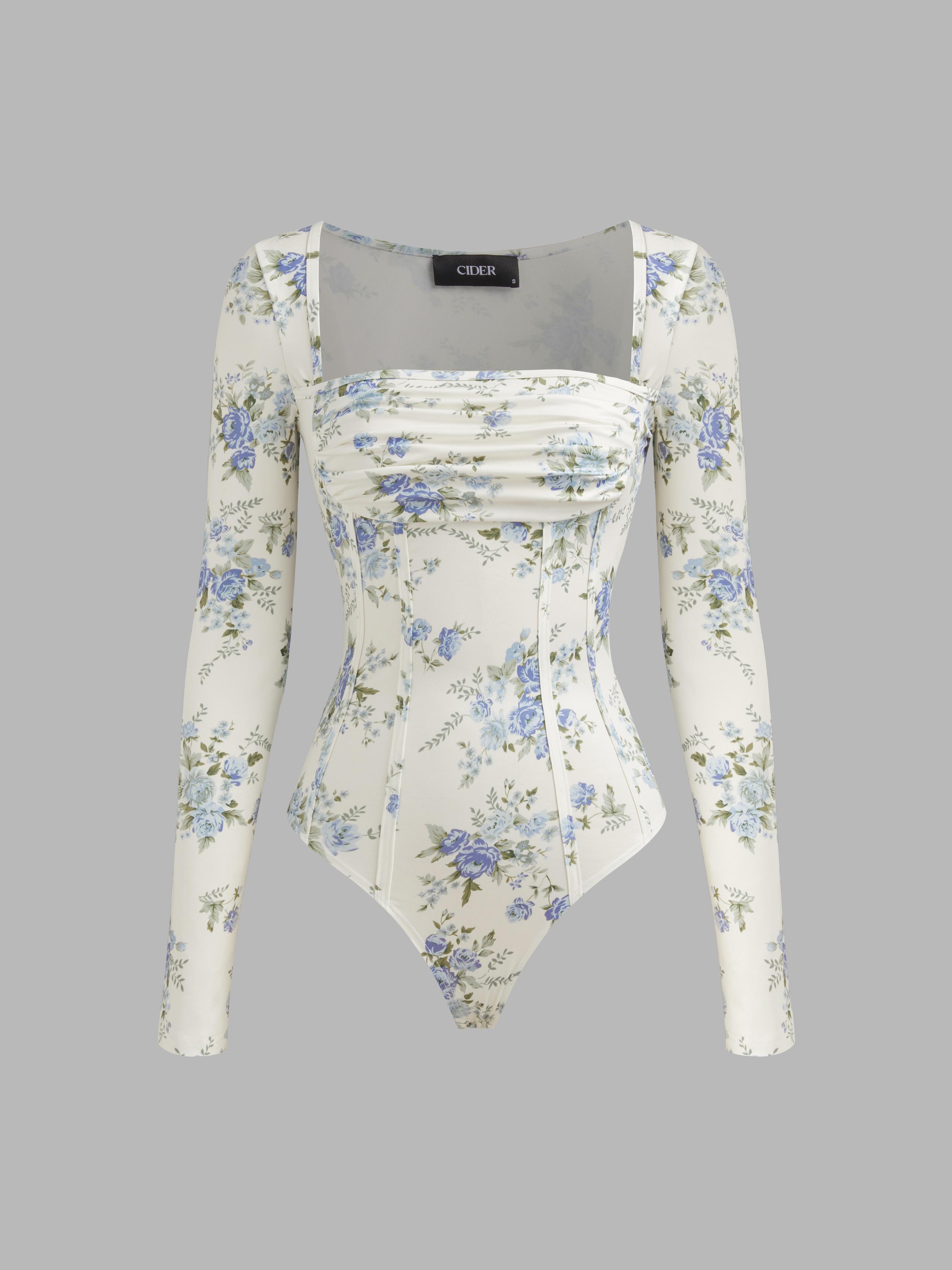 Square Neck Floral Ruched Corset Bodysuit Product Image