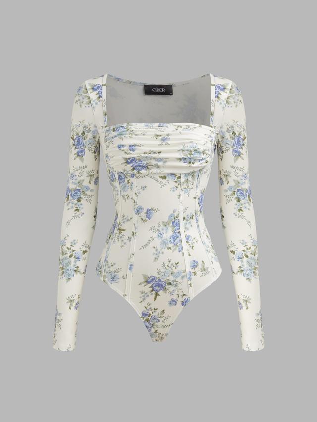 Square Neck Floral Ruched Corset Bodysuit Product Image