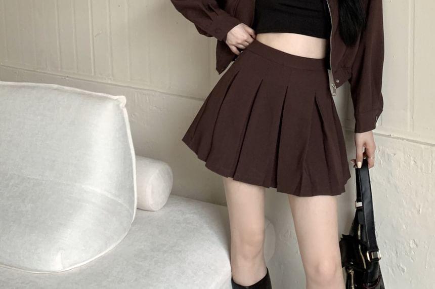 Collared Plain Zip-Up Crop Jacket / High Rise Pleated Mini A-Line Skirt Product Image