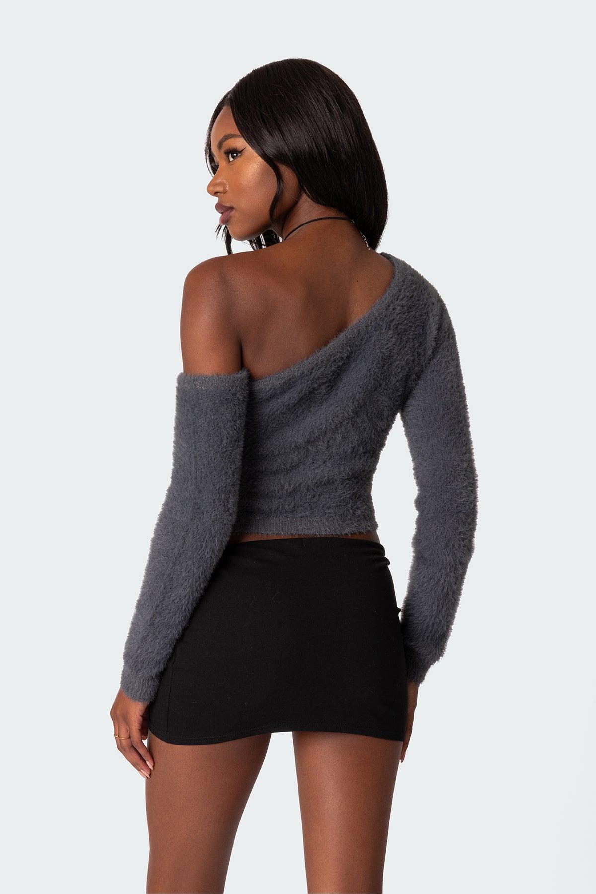 Frannie One Shoulder Fuzzy Knit Top Product Image