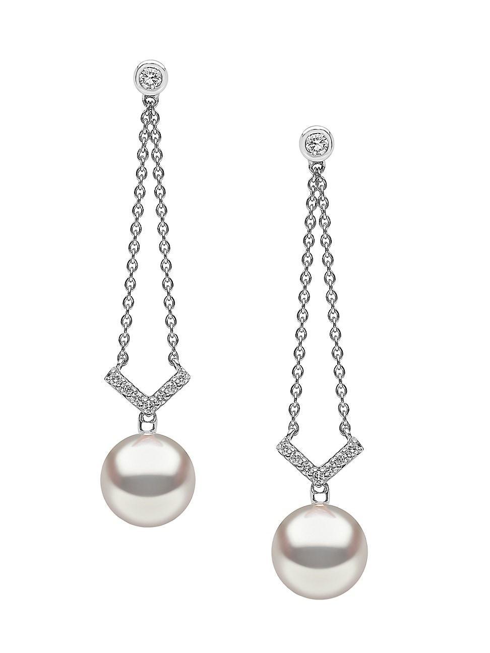 Womens Trend 18K White Gold, Diamond, & 9-9.5MM Cultured Freshwater Pearl Drop Earrings Product Image