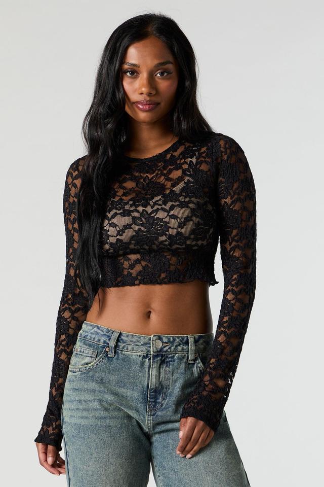 Floral Lace Cropped Long Sleeve Top Female Product Image