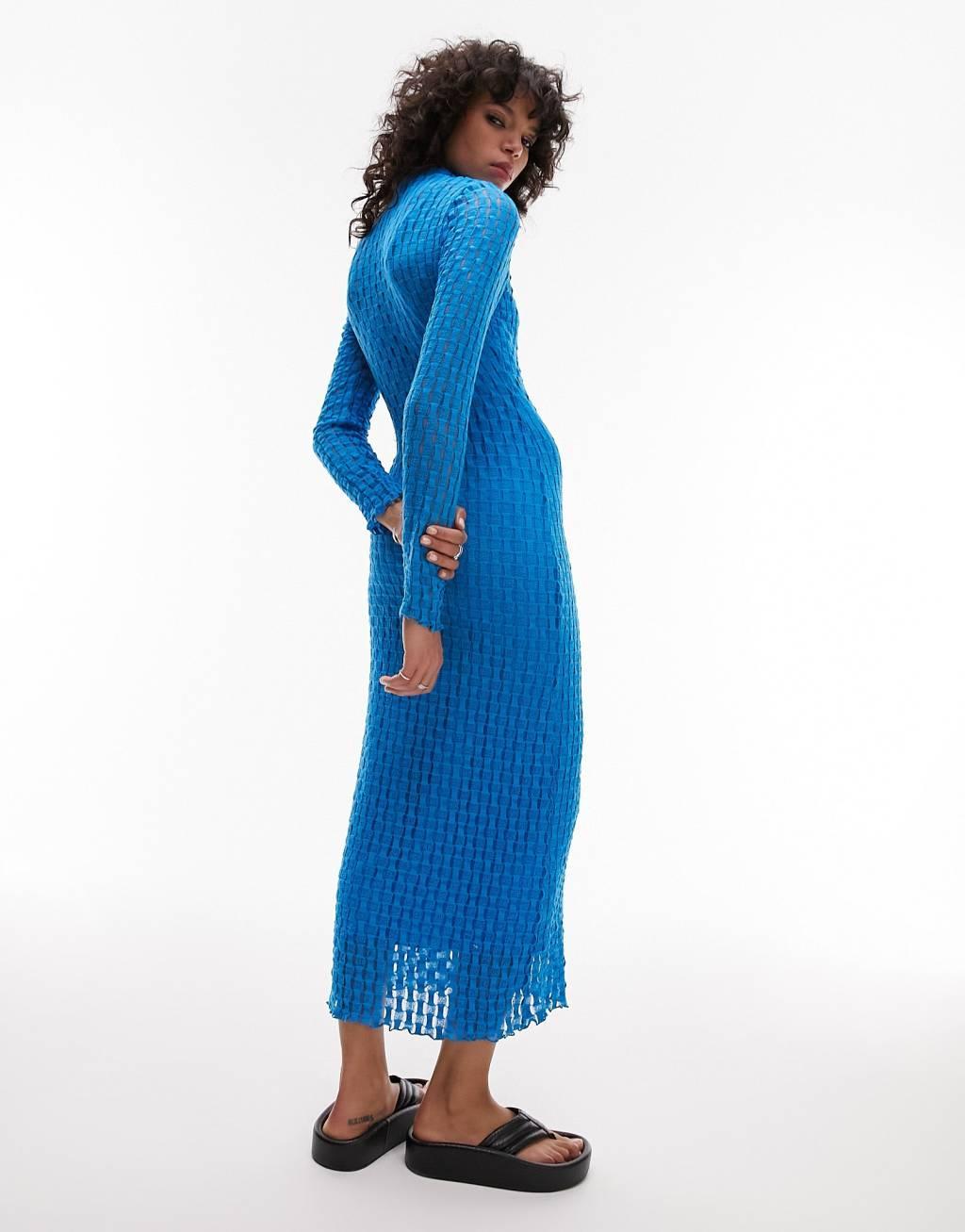 Topshop textured long sleeve lace jersey midi dress in blue Product Image