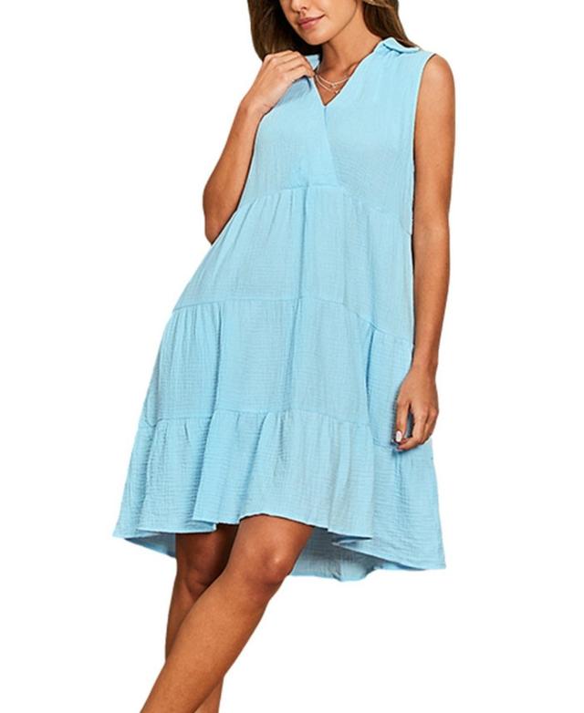 Cupshe Womens Light Blue Collared V-Neck Sleeveless Mini Beach Dress - Light Product Image