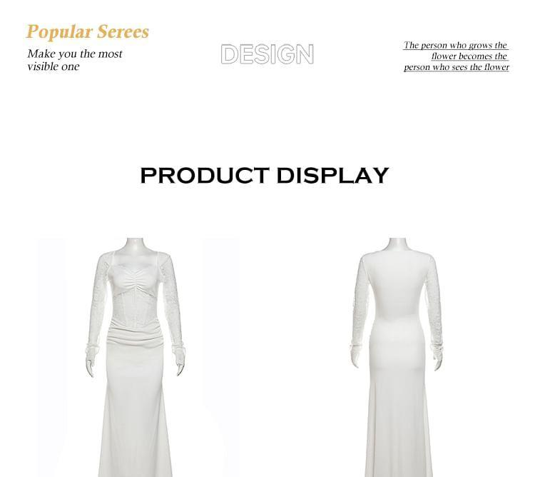 Long-Sleeve Square Neck Plain Lace Panel Maxi Mermaid Dress Product Image