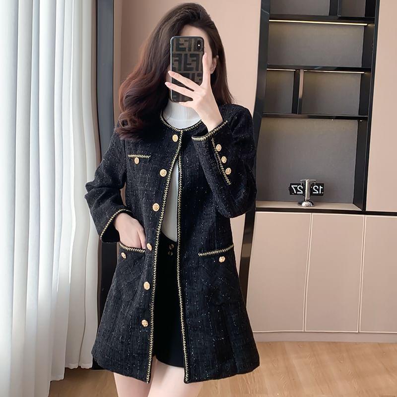 Round Neck Tweed Button Up Coat Product Image